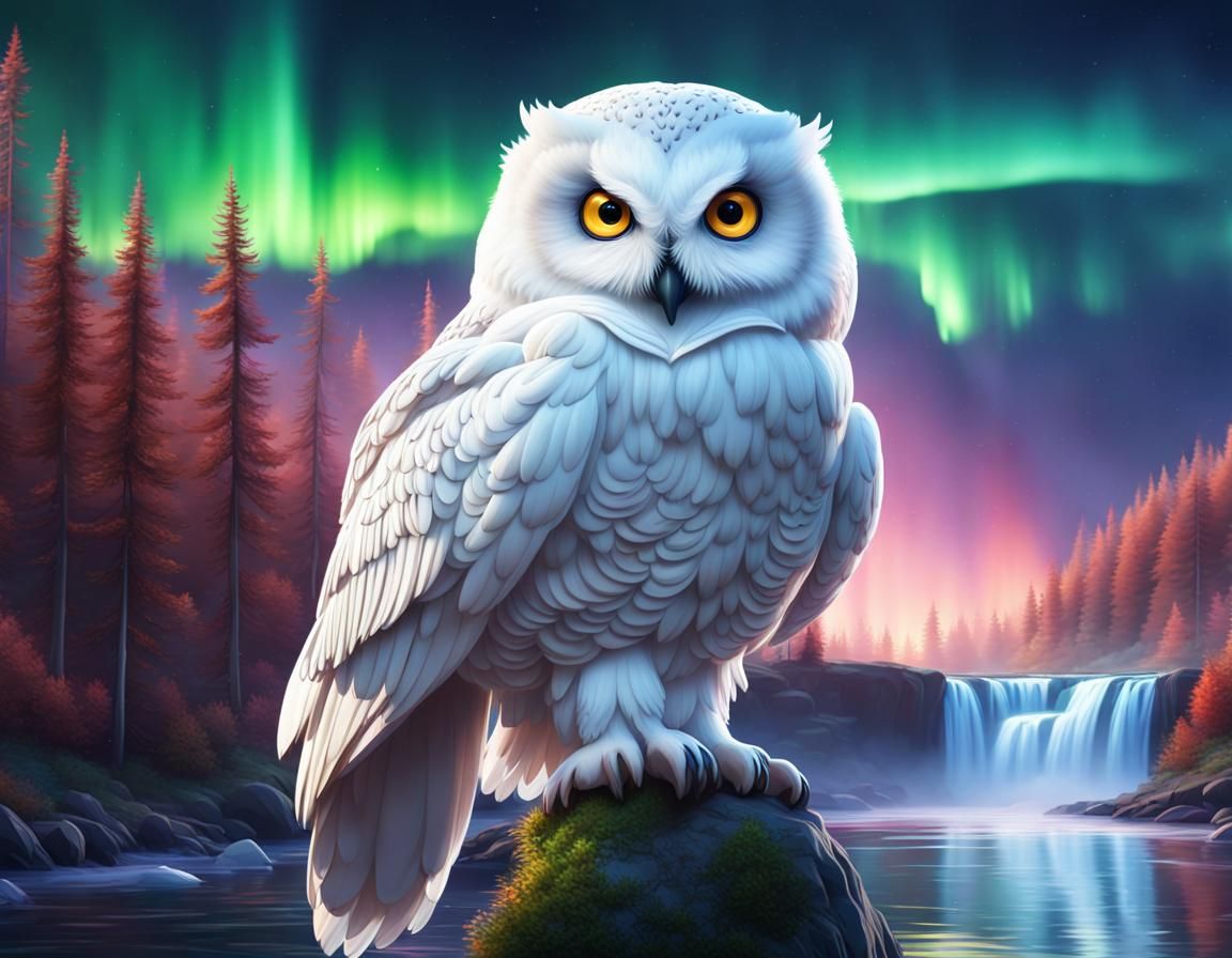 Snow Owl Portrait Under Northern Lights, Fantasy Art