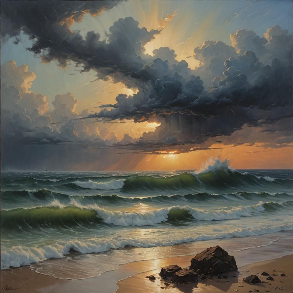 Tranquil Dawn: Sea Calmed, Storm Lingering, Oil Painting