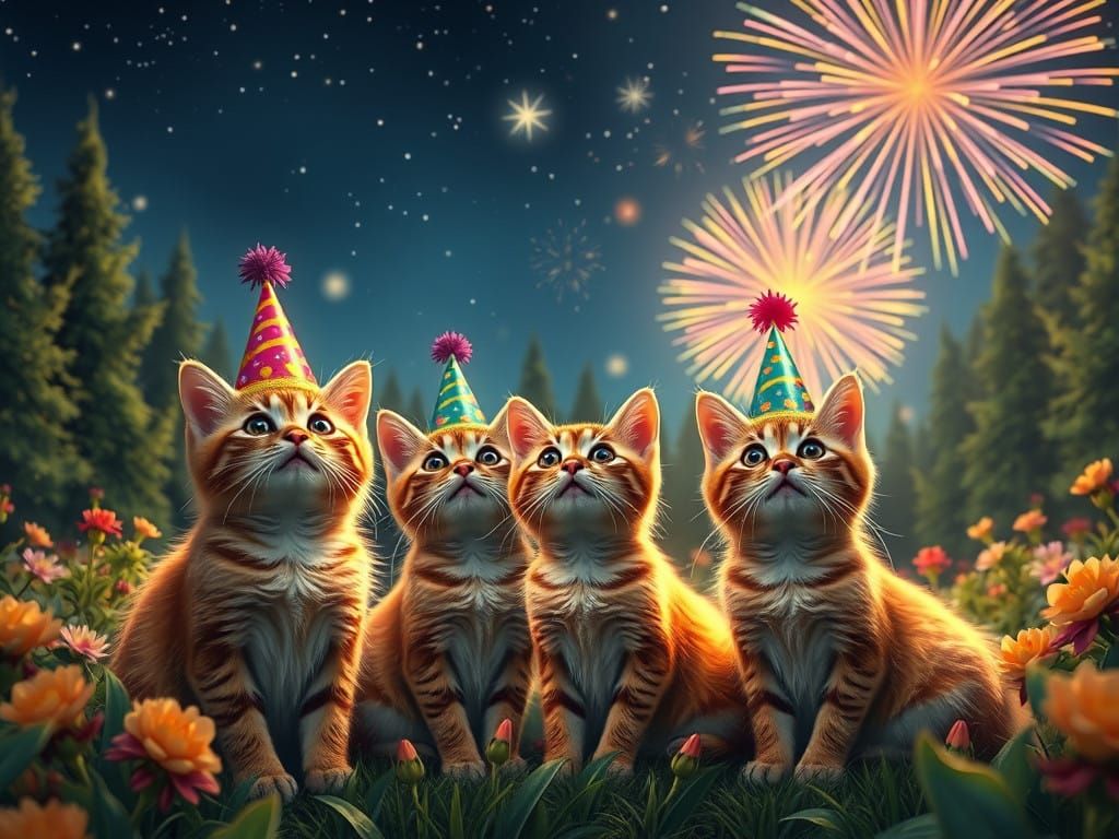 Joyful Cats Watch Vibrant Fireworks Under Starry Night Sky