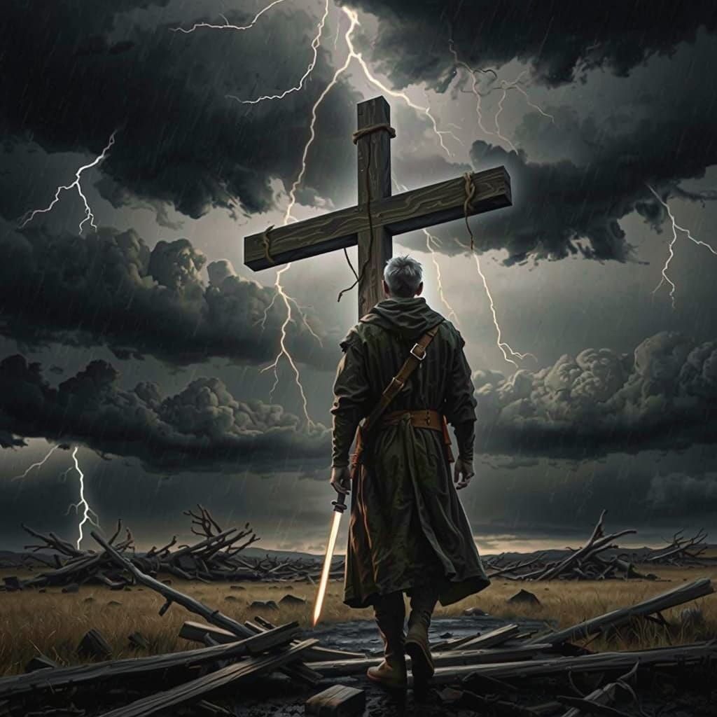 Solemn Figure Bears Weight of Cross in Barren Landscape