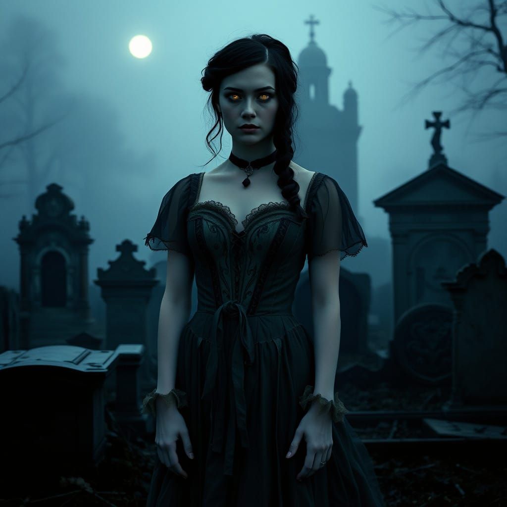 Pale Vampire Goddess in Gothic Graveyard at Dusk