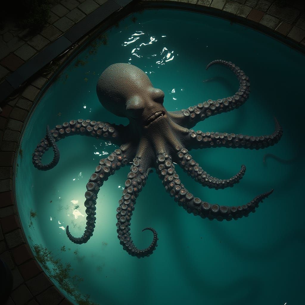 Nightmare Octopus in Swimming Pool, Dark Horror Style