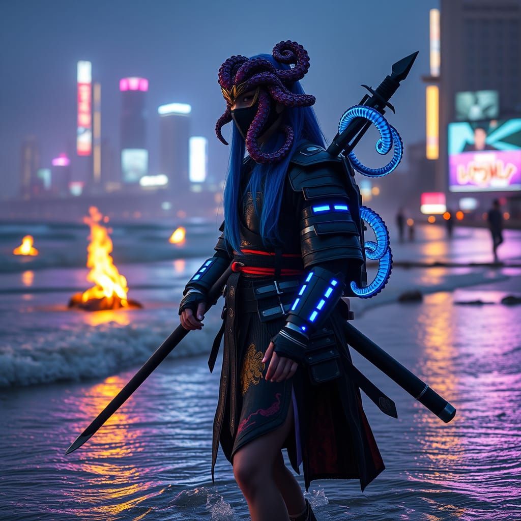 Cyberpunk Samurai Warrior Goddess Stands on Beach of Coast V...
