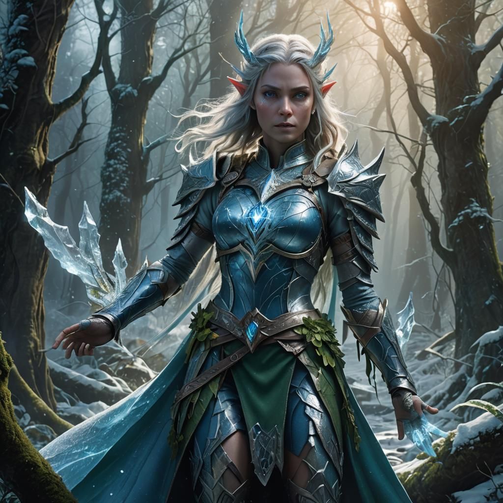 Powerful Ice Elf in Mystical Forest, Art Nouveau