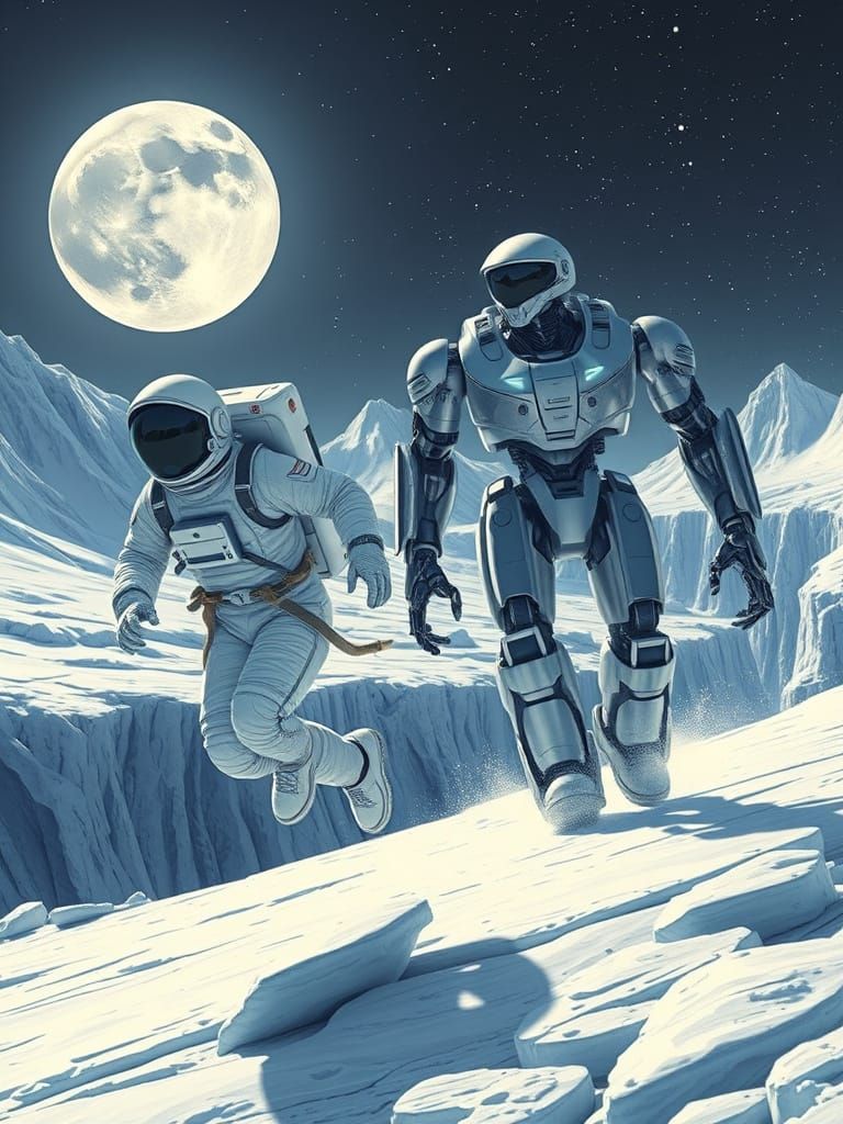 Moonlit Futuristic Sprint with Robot and Astronaut