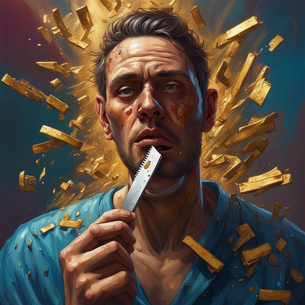 Hyperrealistic God Clutches Gold Razor Blade