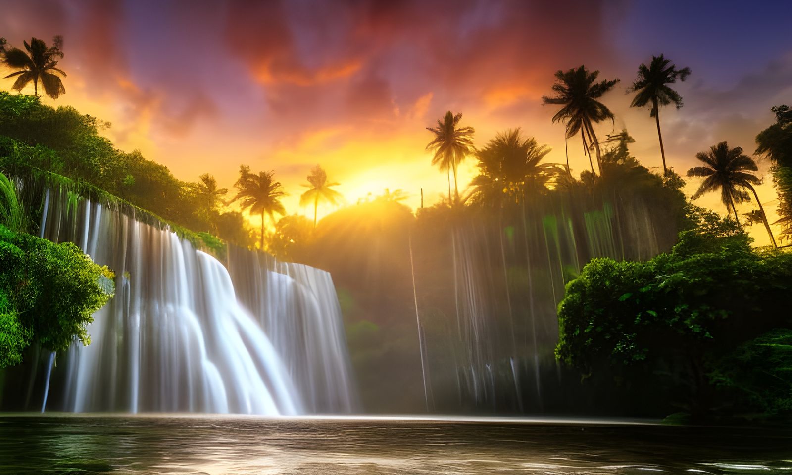 Majestic Tropical Waterfalls at Sunrise, Digital Painting