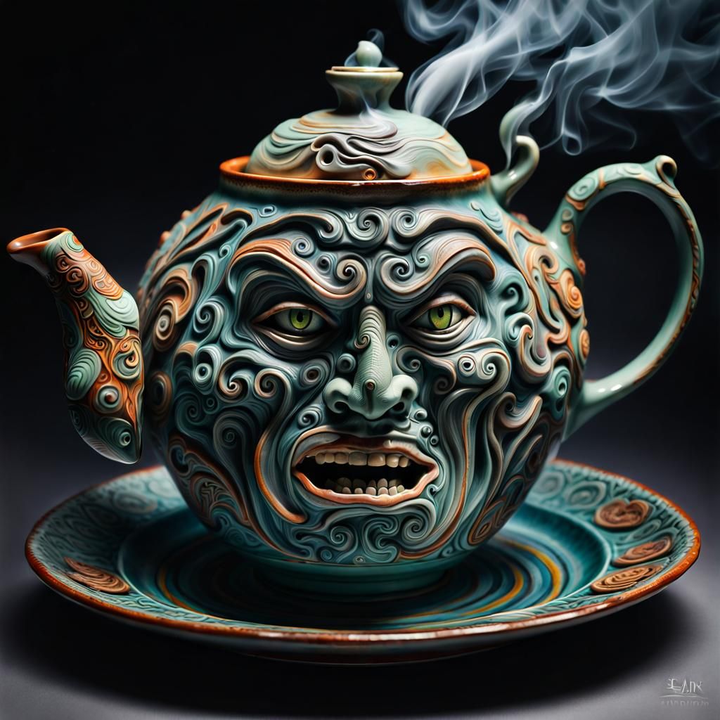 Eccentric Faces and Abstract Forms in Detailed Pottery