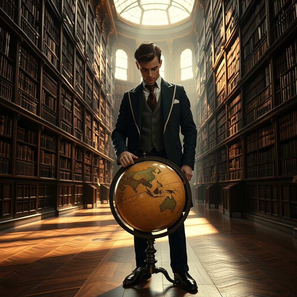 Vintage Suit in Sun-Drenched Library: Cinematic Film Still