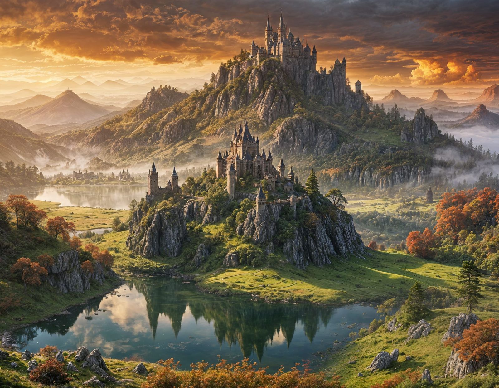 Majestic Castle on Volcano in Misty Landscape