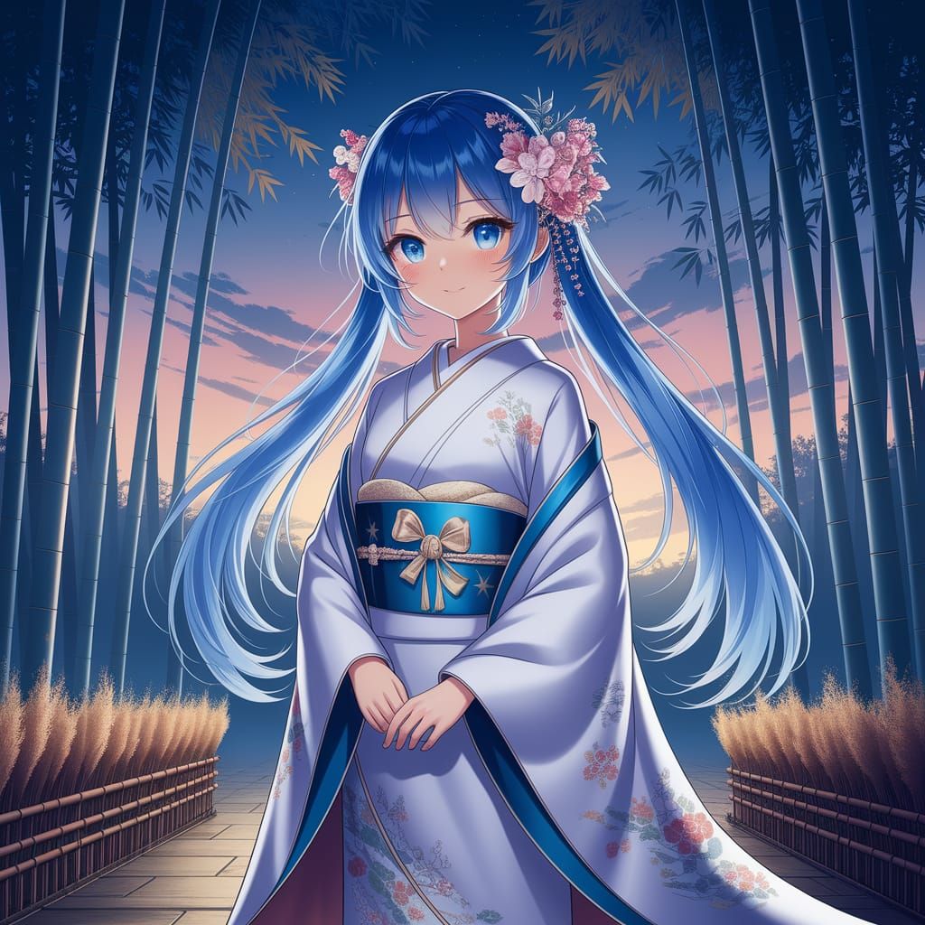 Anime Woman in Bamboo Forest at Twilight