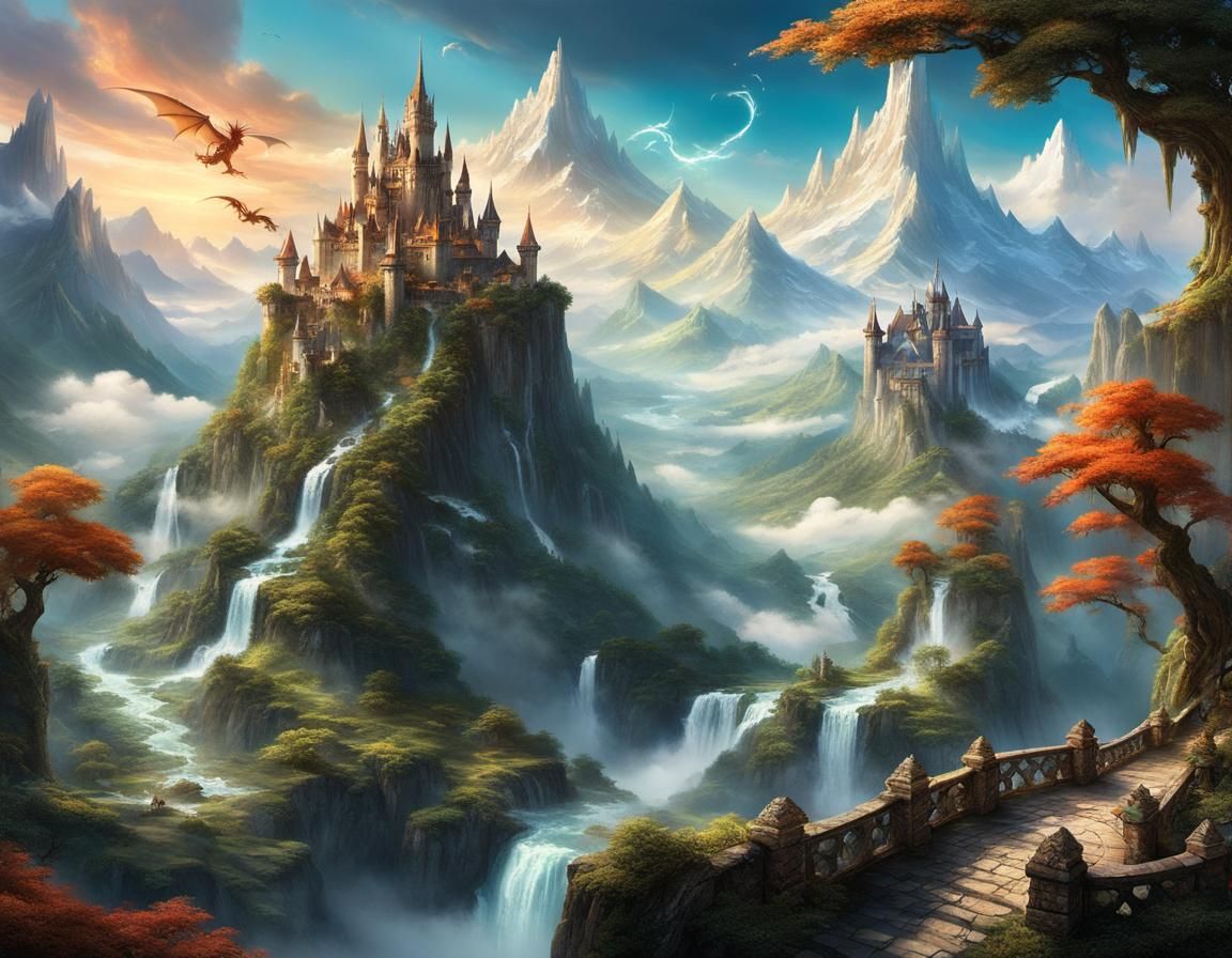 High Fantasy Mountain Realm with Dragons