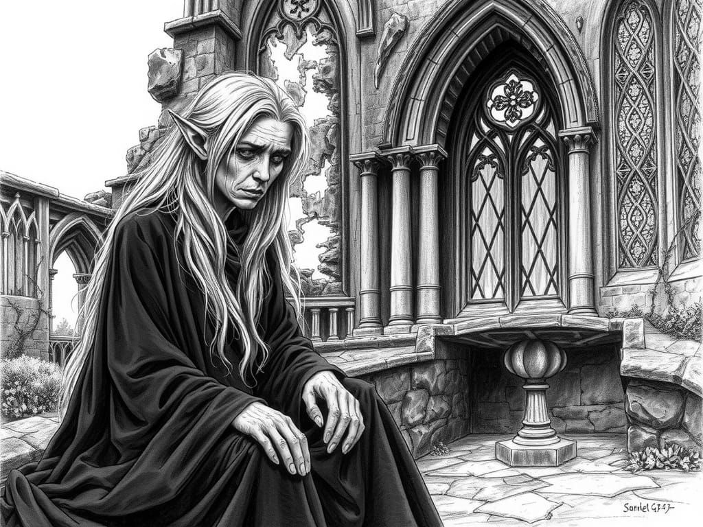 Grievous Priestess Near Shrine: Pencil Sketch