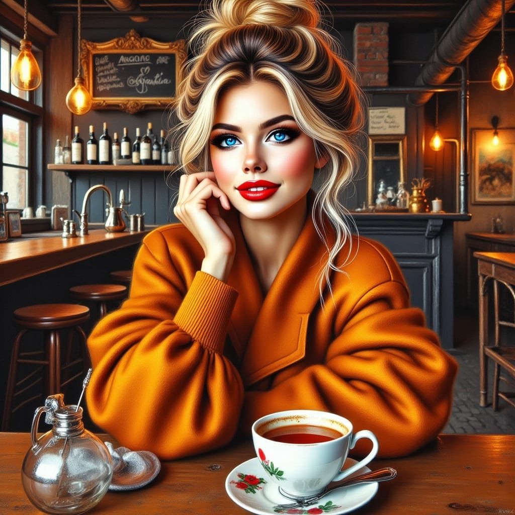 Elegant Woman at Bar in Autumn Colors