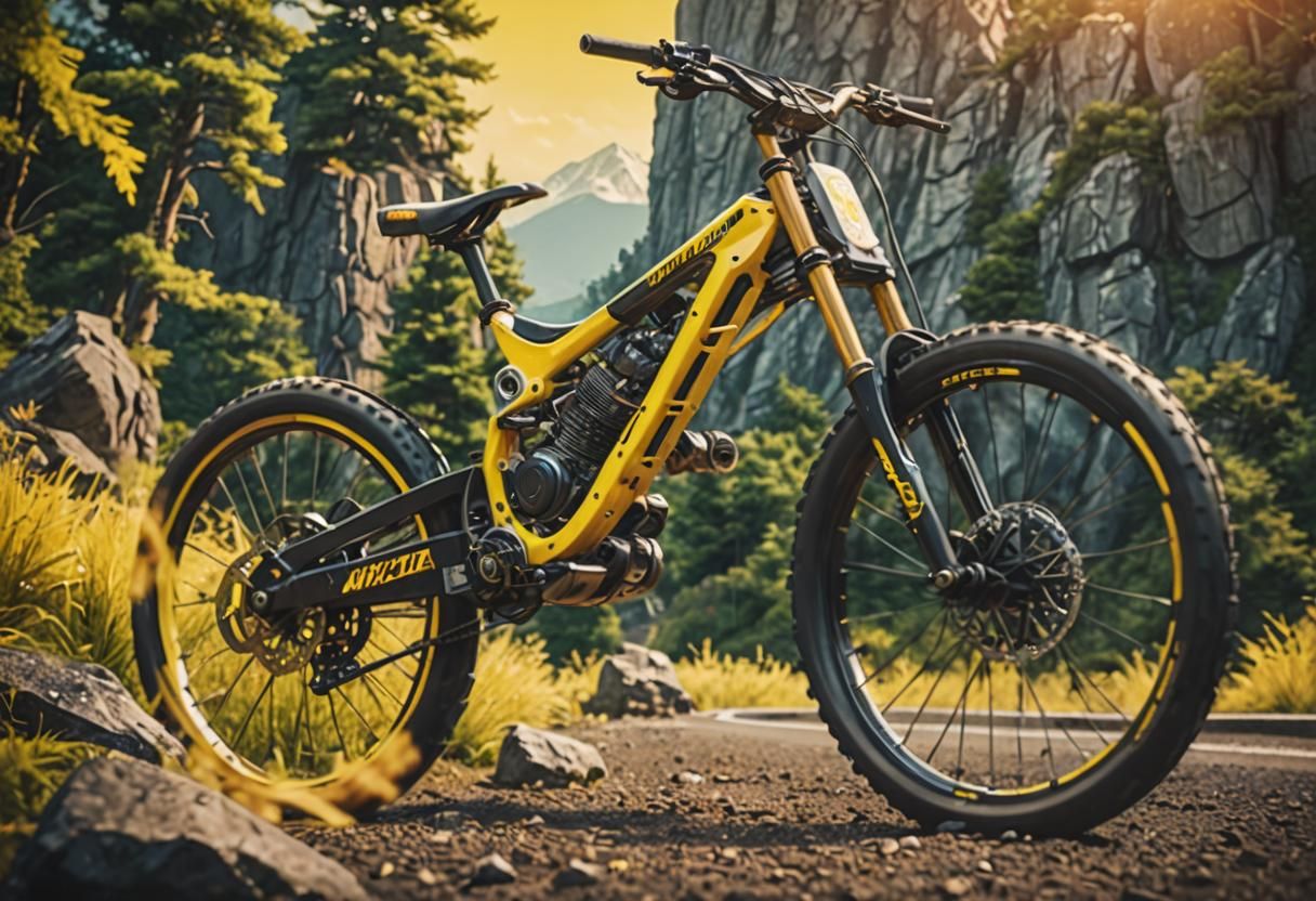 Anime Racing Bicycle with Neon Bokeh on Mountain Track