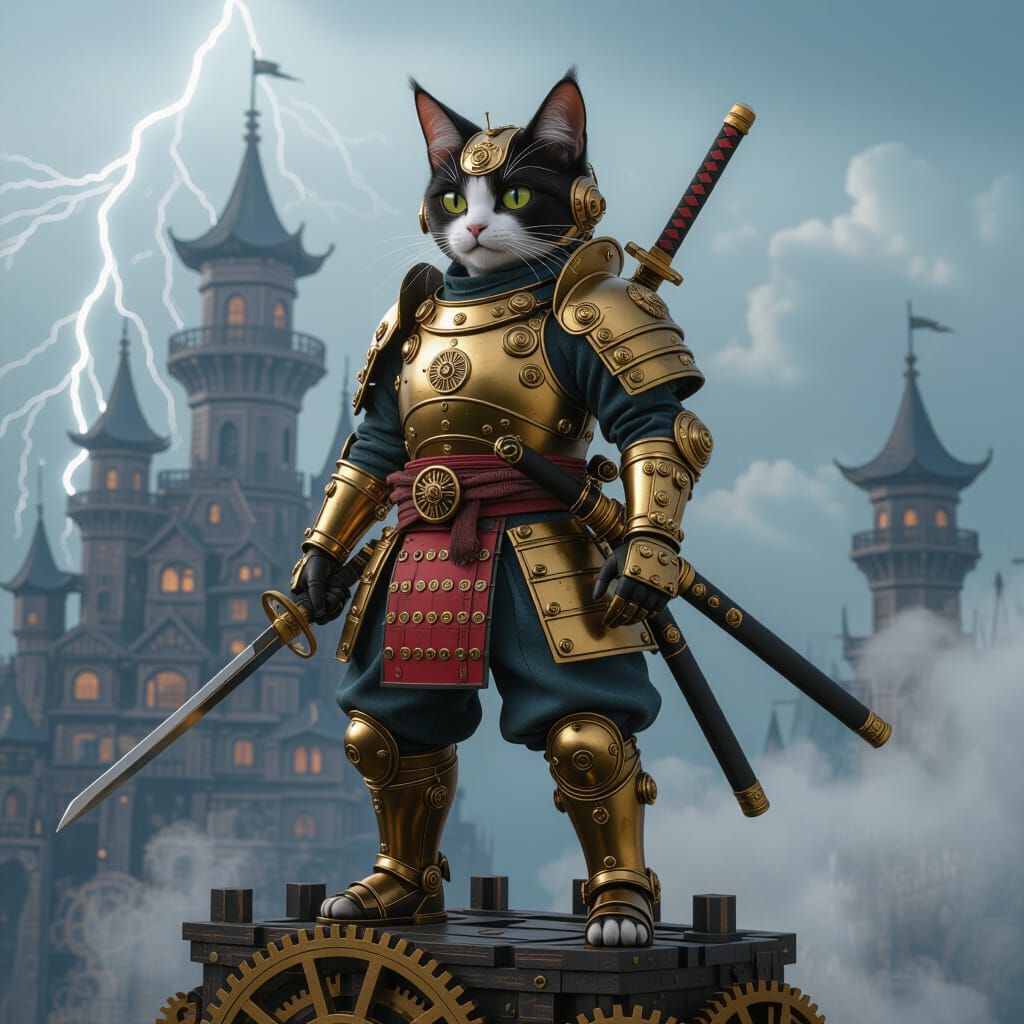 Steampunk Samurai Cat on Clockwork Castle