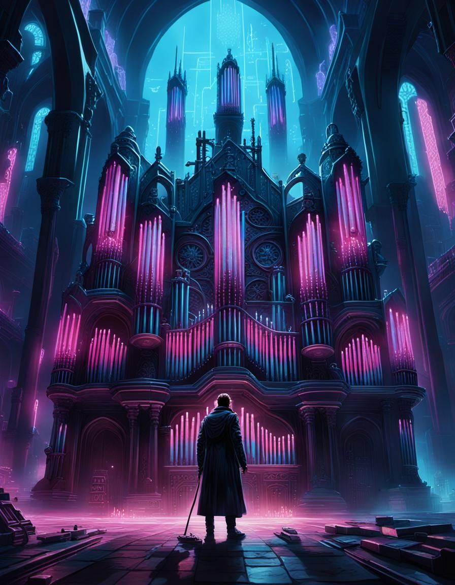 Cyberpunk Organist Plays Gothic Organ in Neon Cityscape