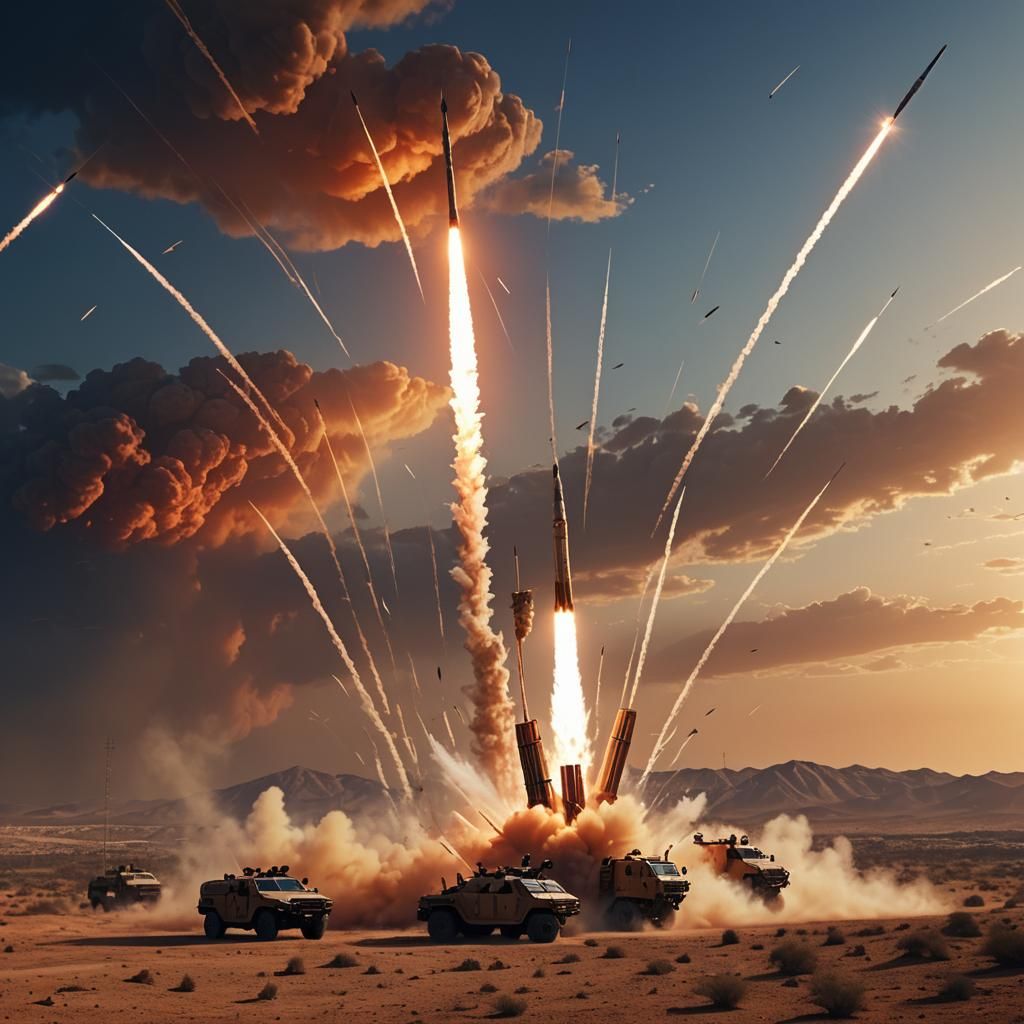 Iron Dome Interceptor Launch at Sunset: Digital Matte Painti...