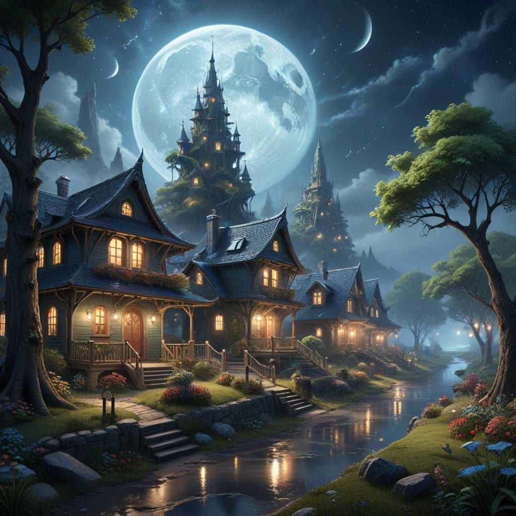 envision a peaceful neighborhood on the moon, where glowing pathways wind through tree-covered homes, and smart tech is ...