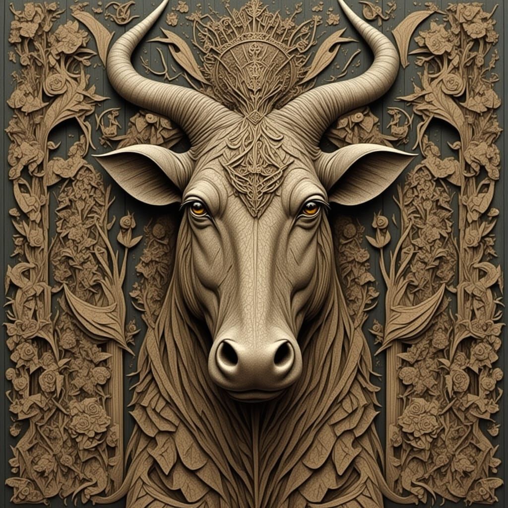 Detailed Brown Wood Carvings in Oil Painting Style