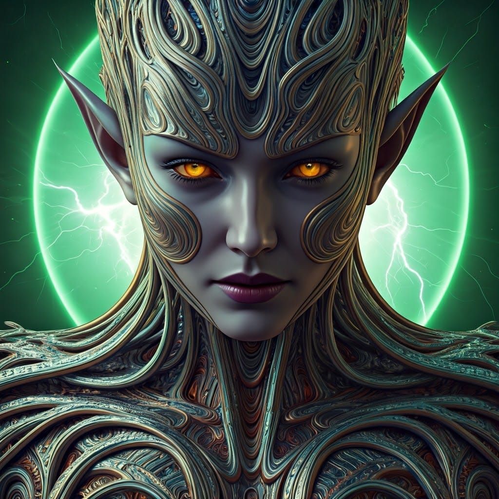 Metallic Elven Goddess Portrait with Green Sun