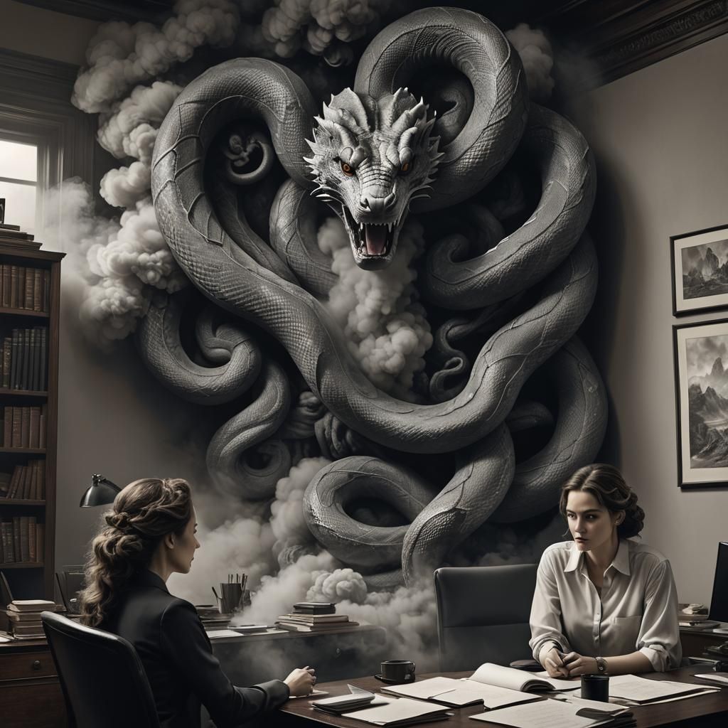 Menacing Smoke Snake Coils Around Woman at Desk