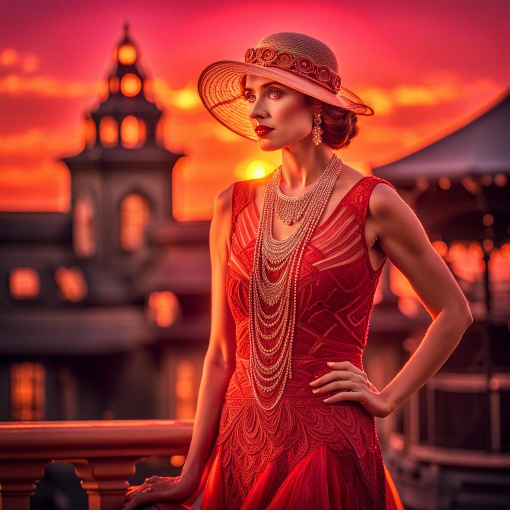 Gatsby Woman in Red Dress at Sunset