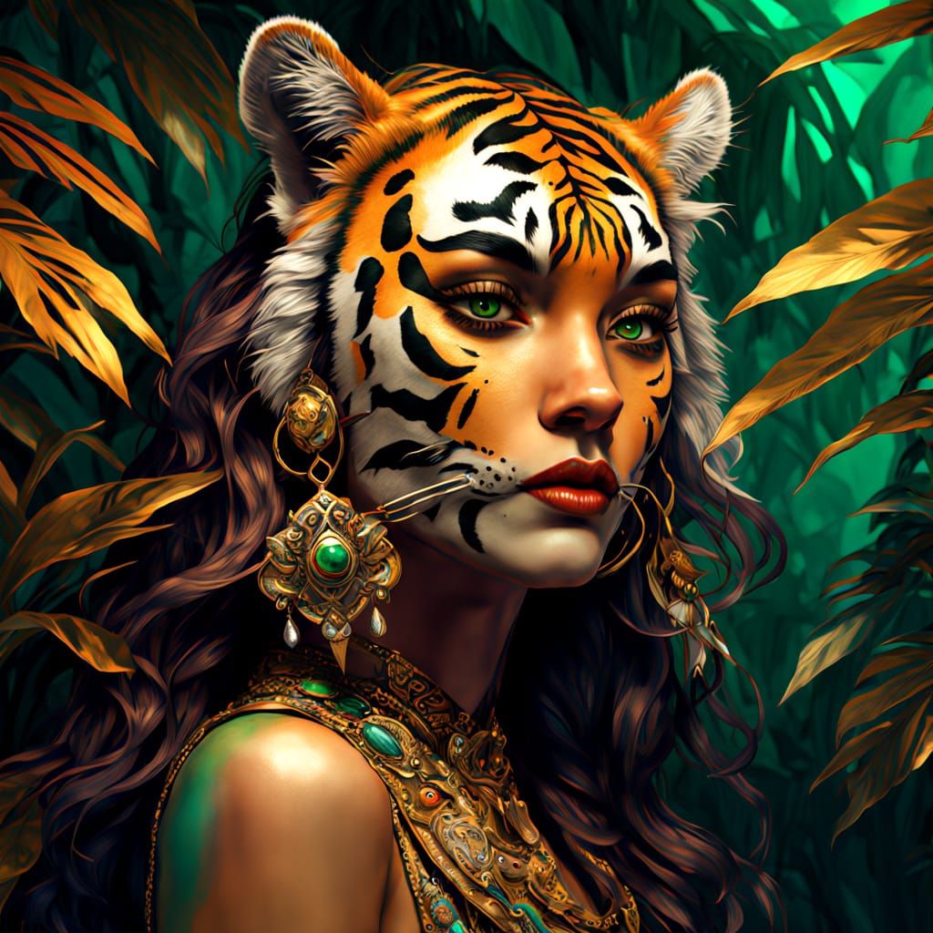 Klimt-Inspired Tigress Warrior Woman in Jungle