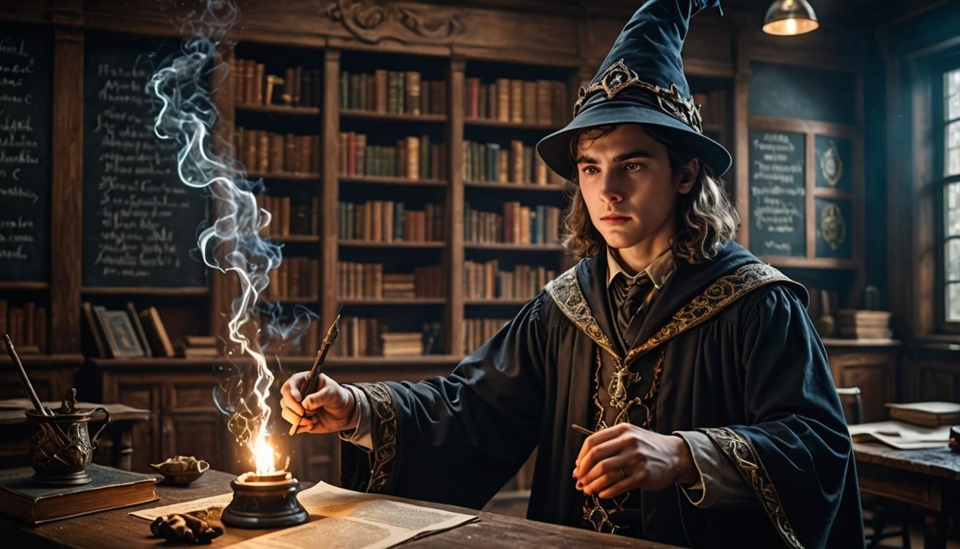 Young Wizard Casting Spells in Classroom