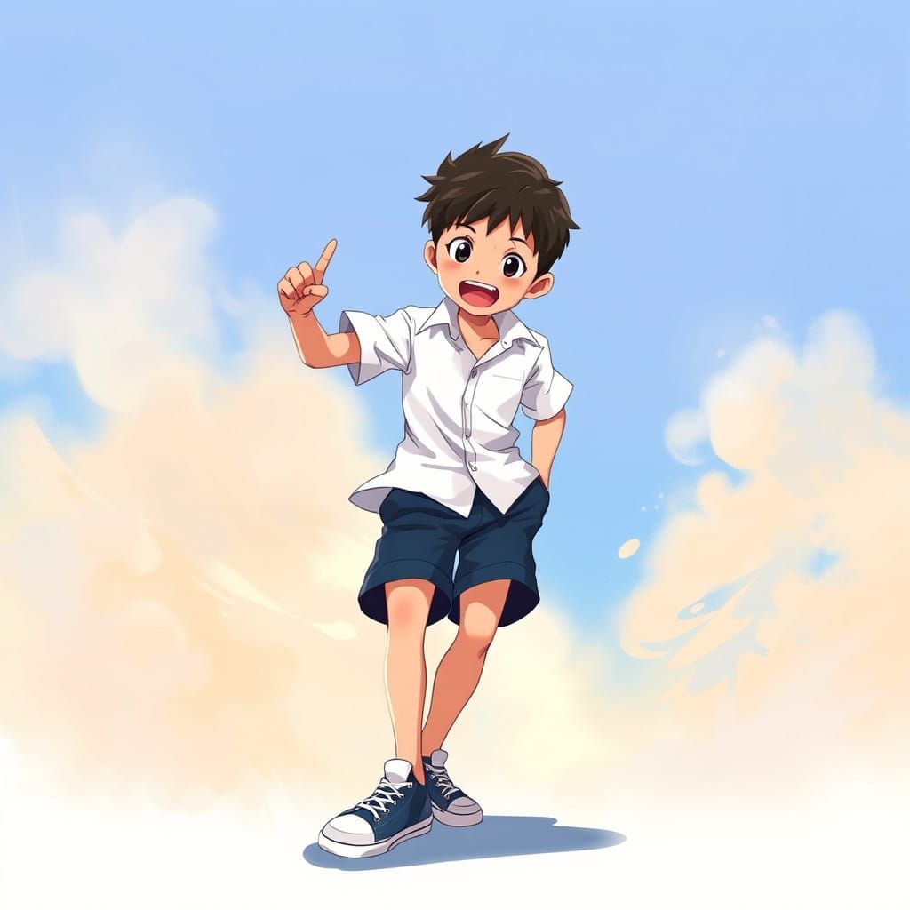 Energetic Anime Boy Leaps into Whimsical Clouds