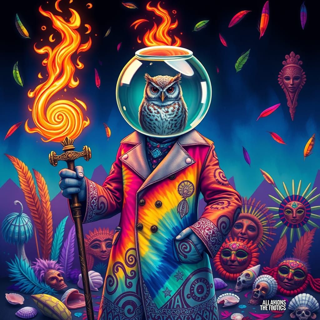 Glass-Headed Humanoid with Flaming Staff in Tribal Setting