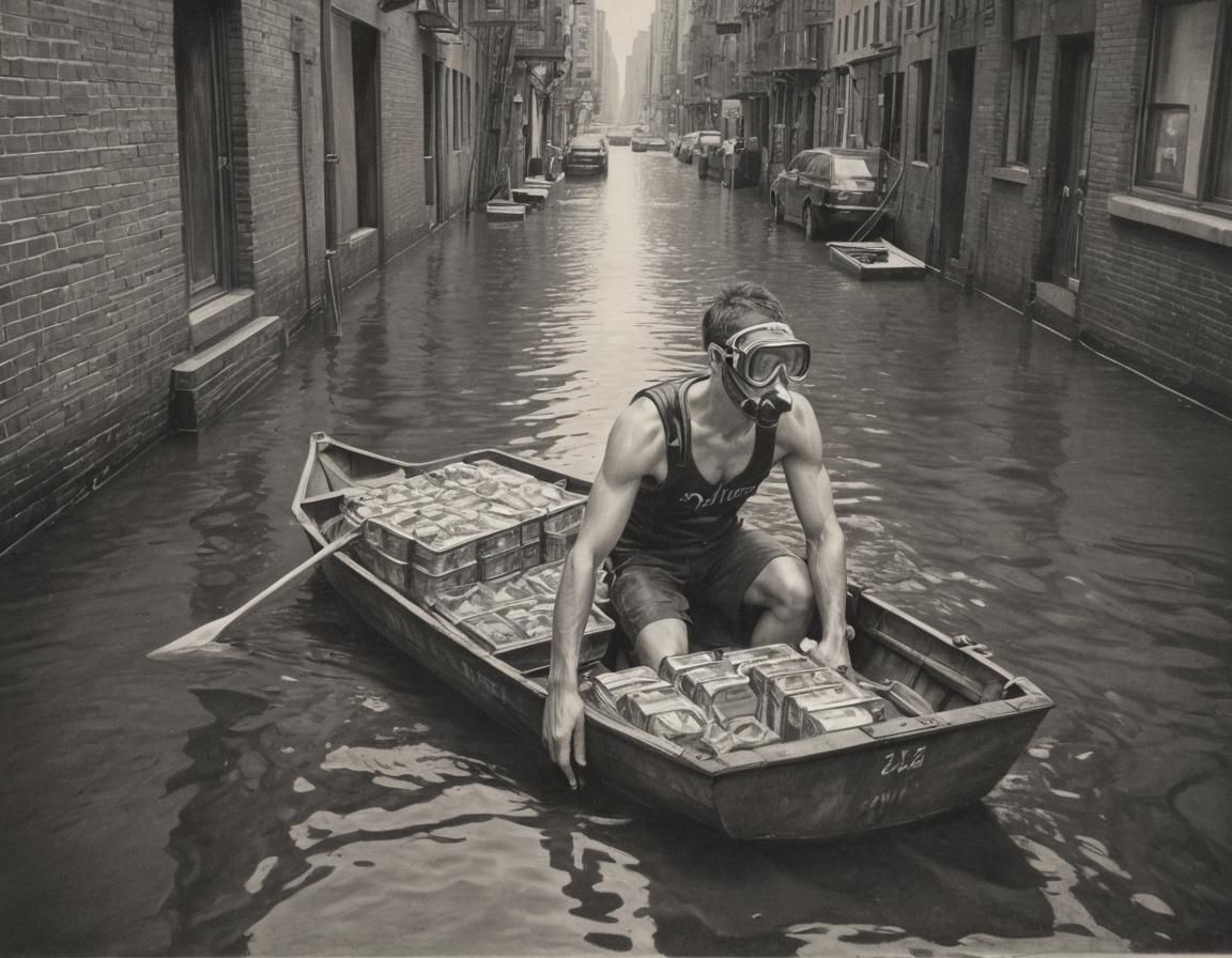 Dystopian Manhattan: Diver Salvages Food in Charcoal