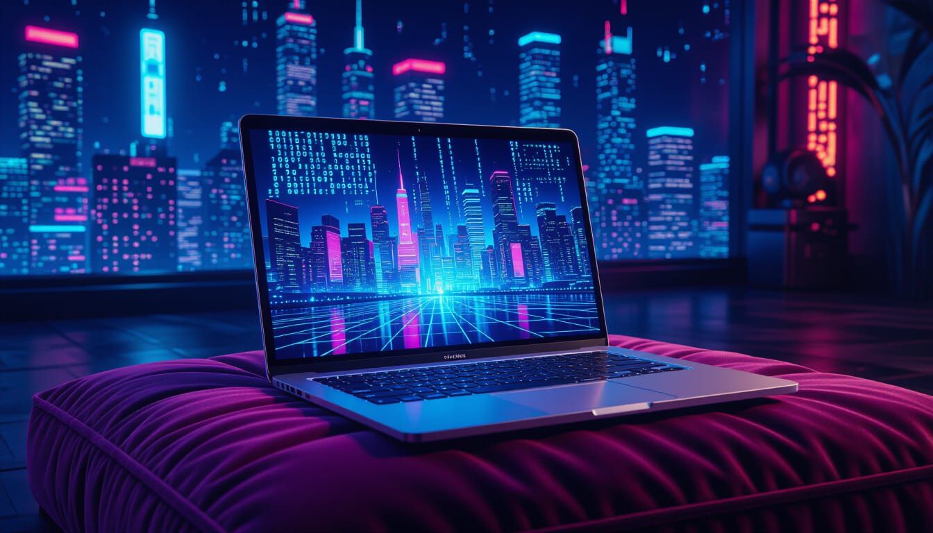 Cyberpunk Laptop Displaying Holographic City