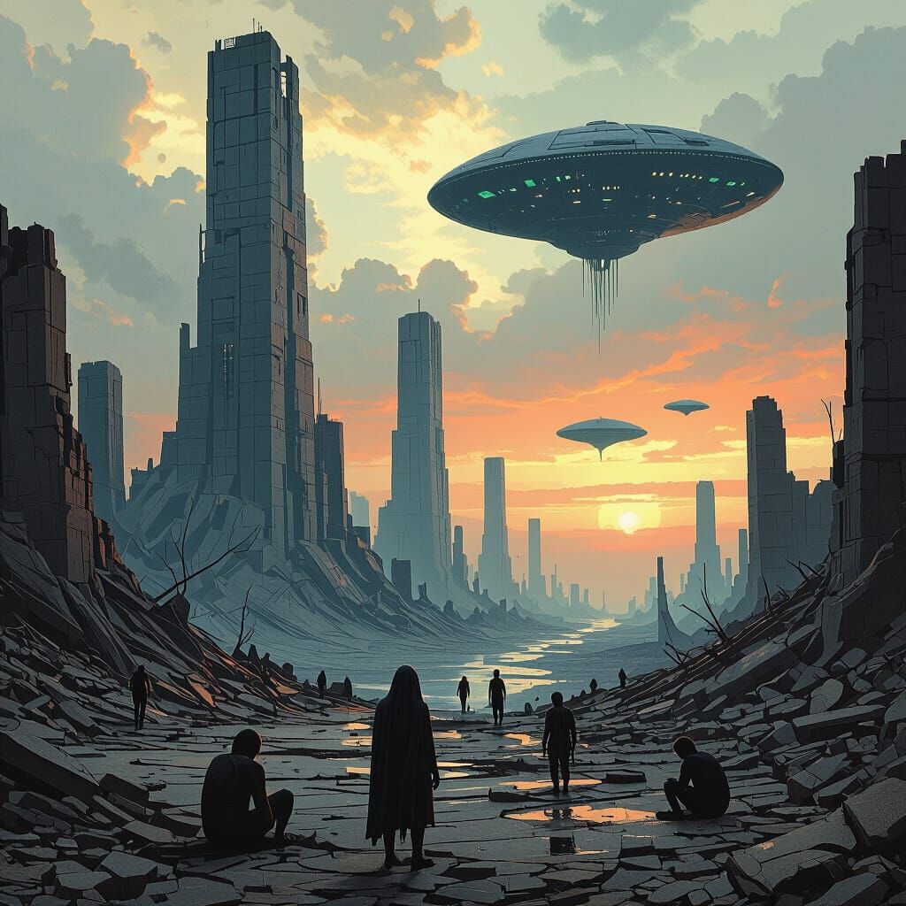 Post-Apocalyptic Cityscape in Ruins: Dystopian Future