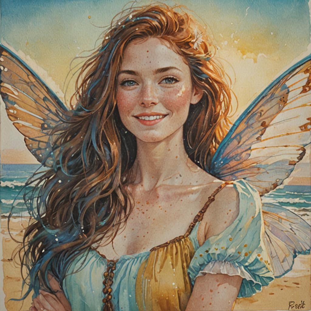Portrait of Freckled Woman with Fairy Wings