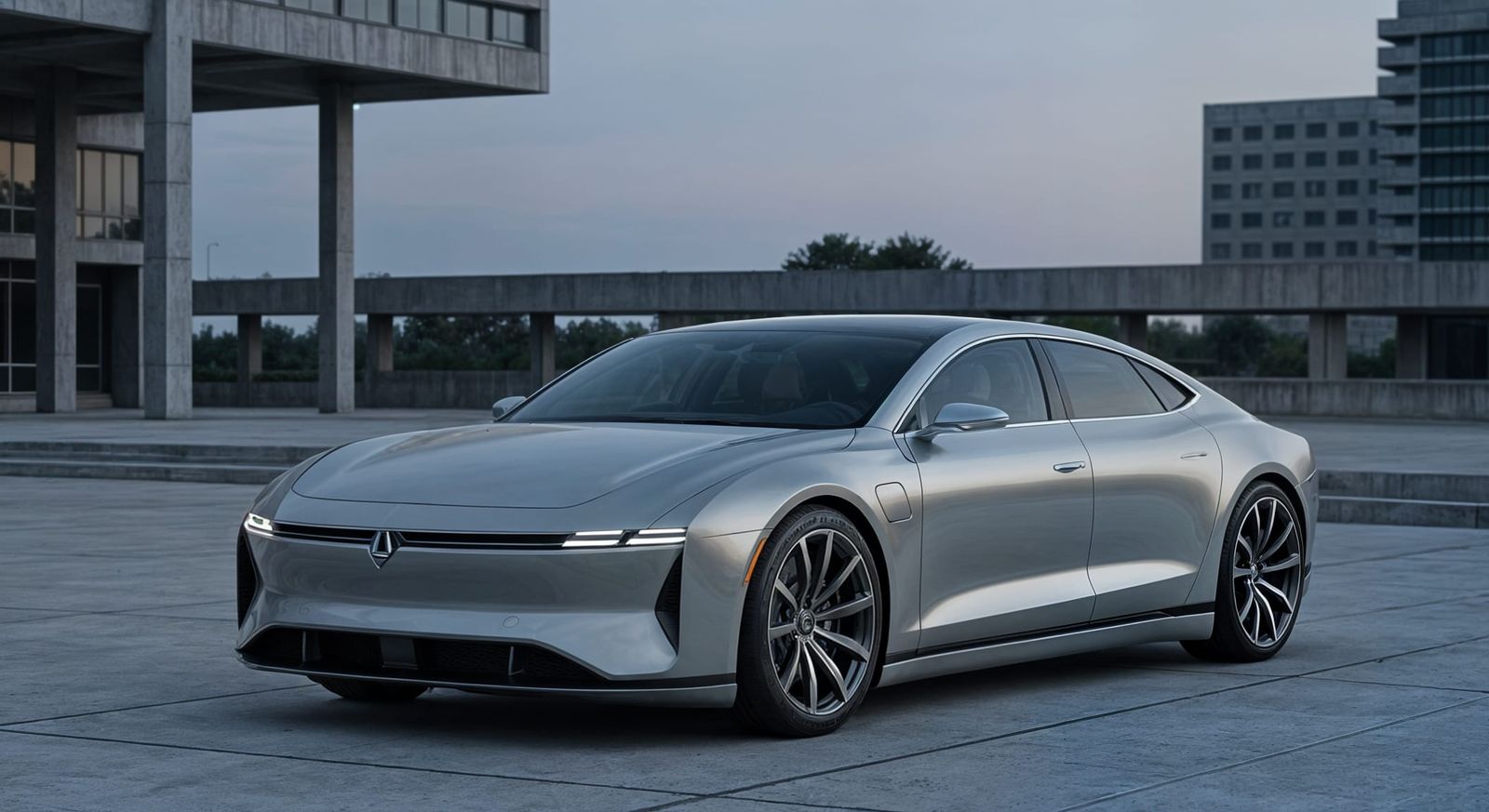 Futuristic Electric Sedan with Bauhaus Design in 16:9 Render