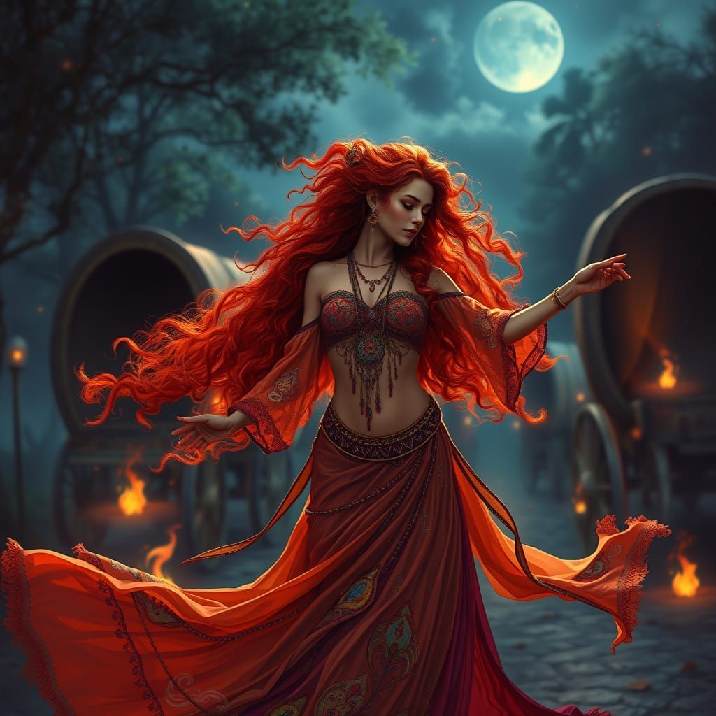 Anime Gypsy Dancer in a Surreal Night Scene