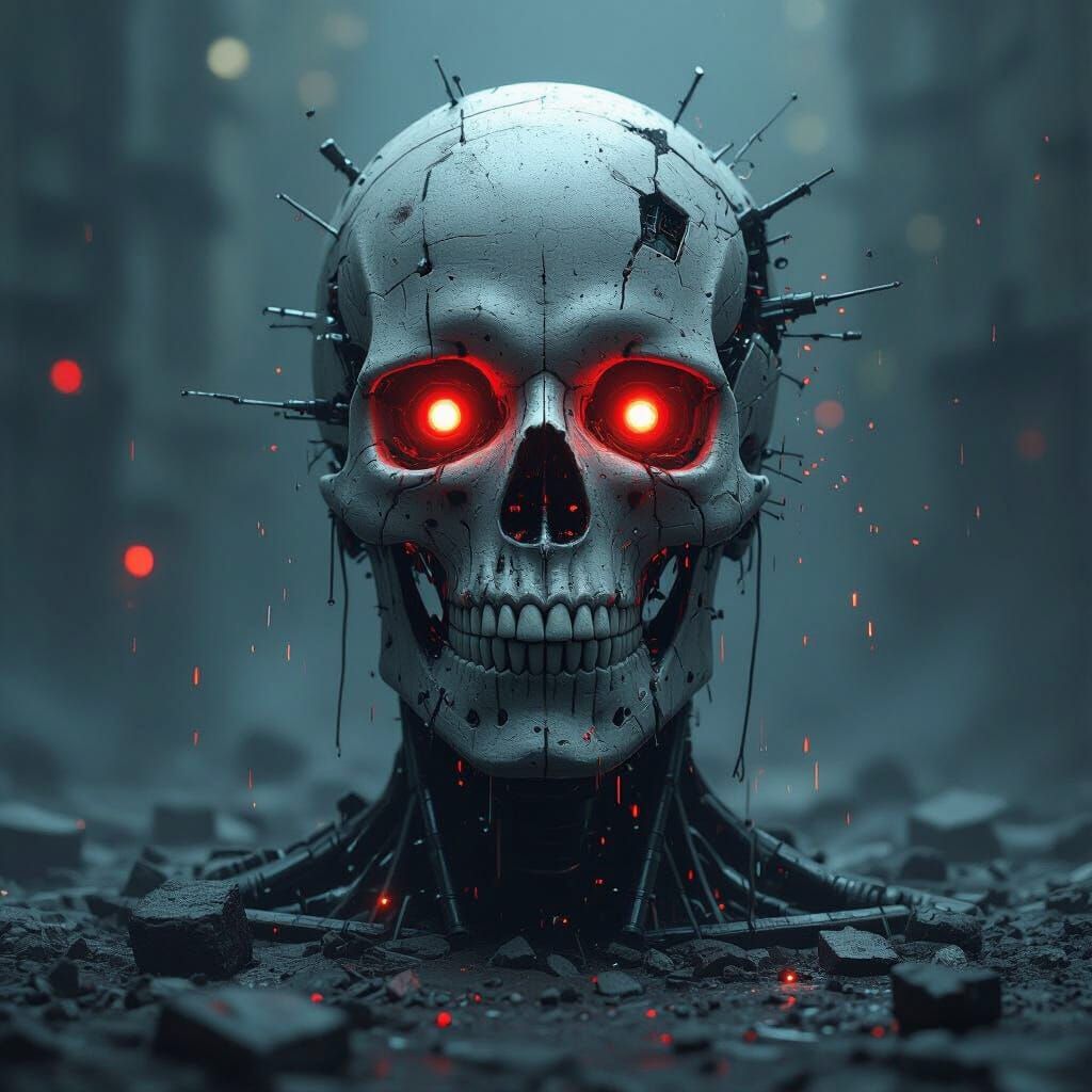 Cybernetic Skull in Dystopian Glitch Art Style