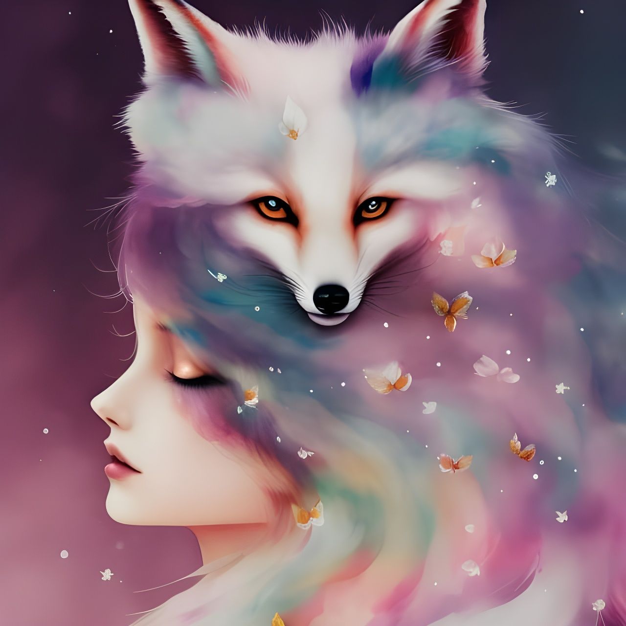 Magical Kitsune Fox in Watercolor Style