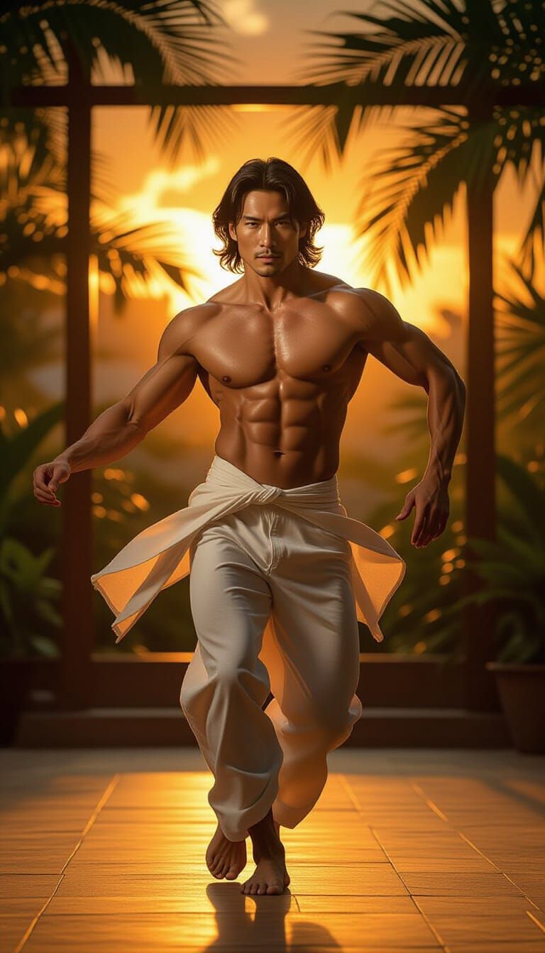 Athletic Man Dancing in Sunset Light