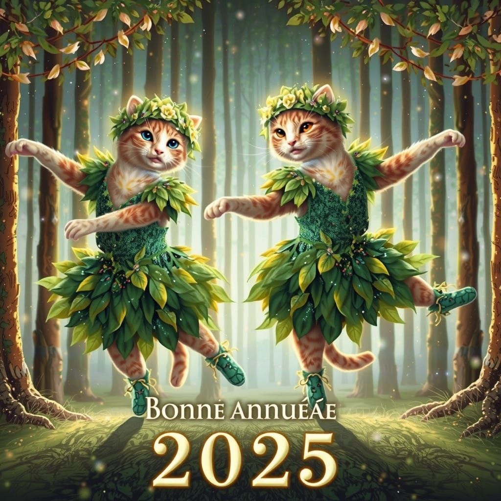 Two Tiny Chats Dance in Enchanted Forest Attire