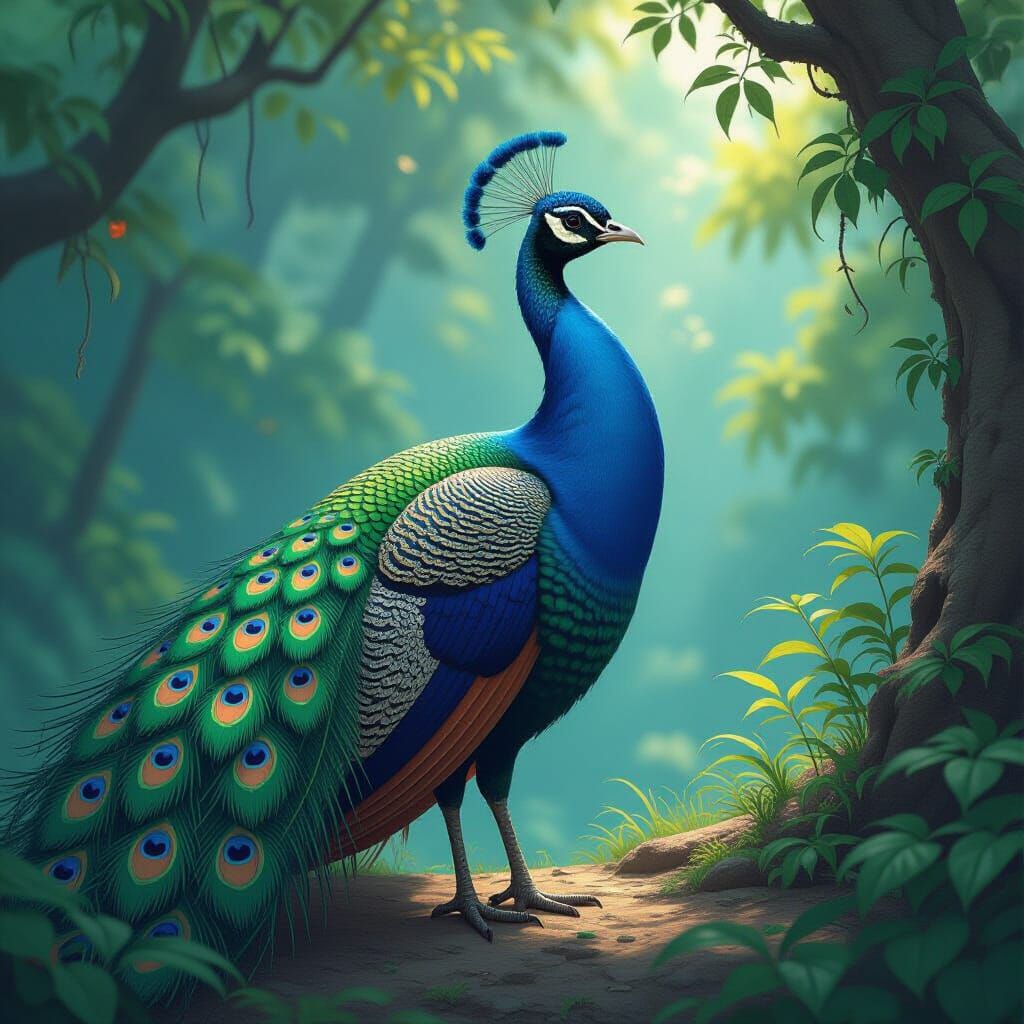 Anime Peacock with Vibrant Feathers in Fantastical Setting