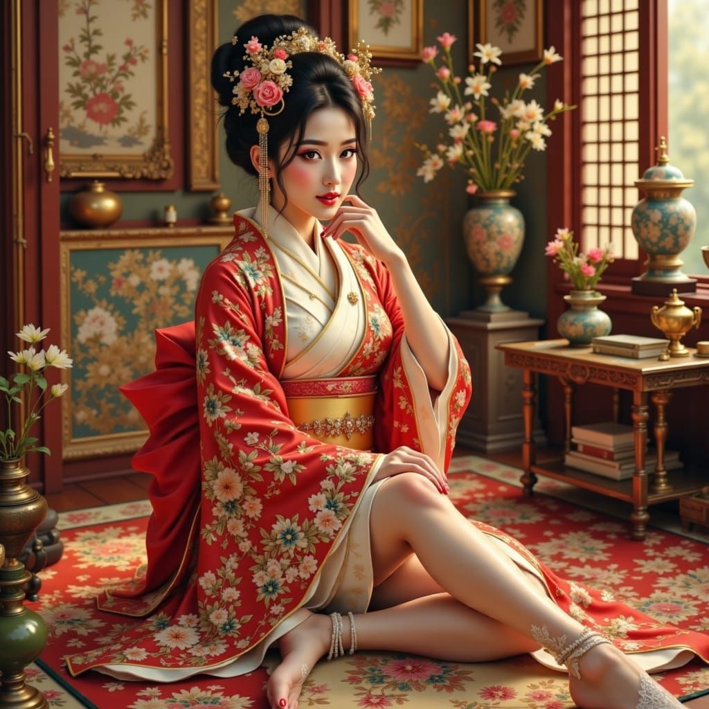 Japanese Priestess in Opulent Room, Vintage Style
