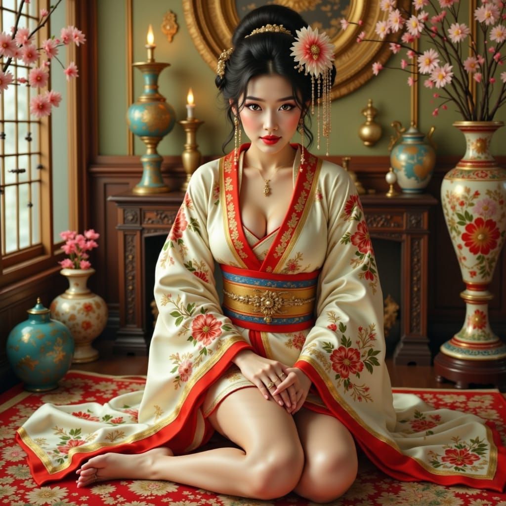 Japanese Priestess in Opulent Room, Embroidered Silk Robe