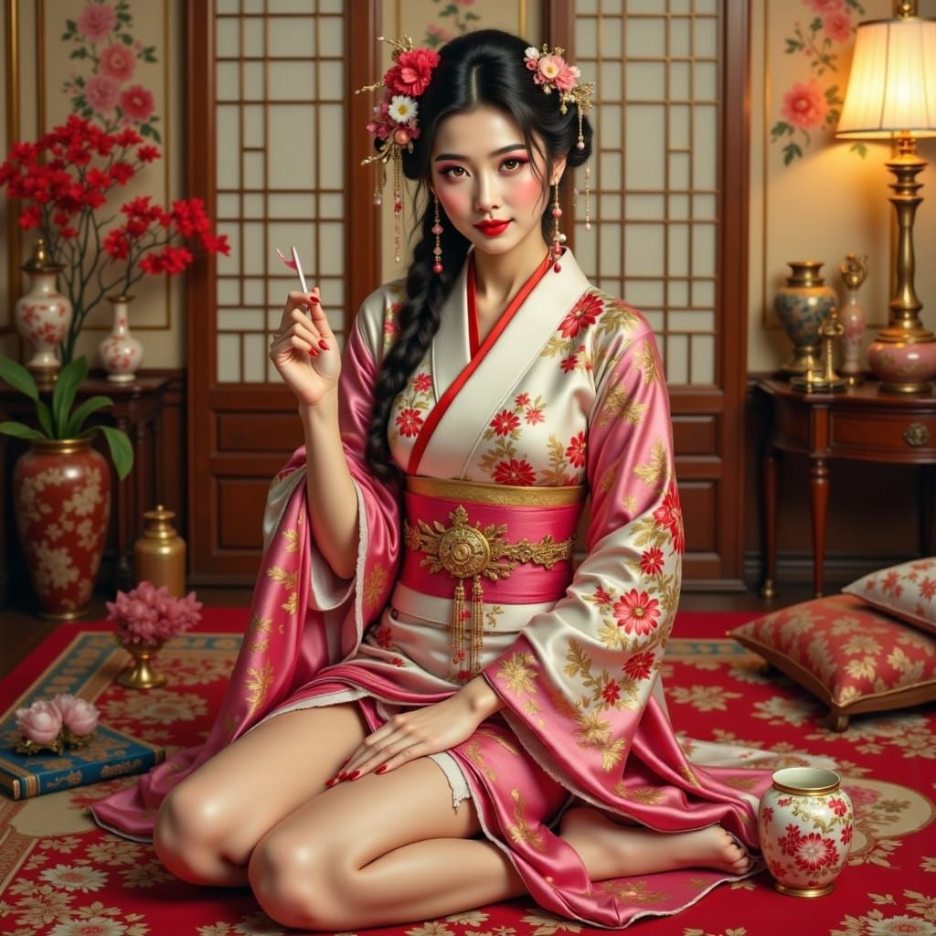 Opulent Japanese Priestess in Vibrant Silk Robe