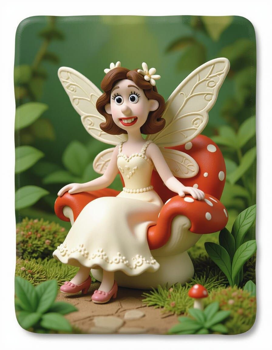 Delicate Fairy on Mushroom Chair in Claymation Style