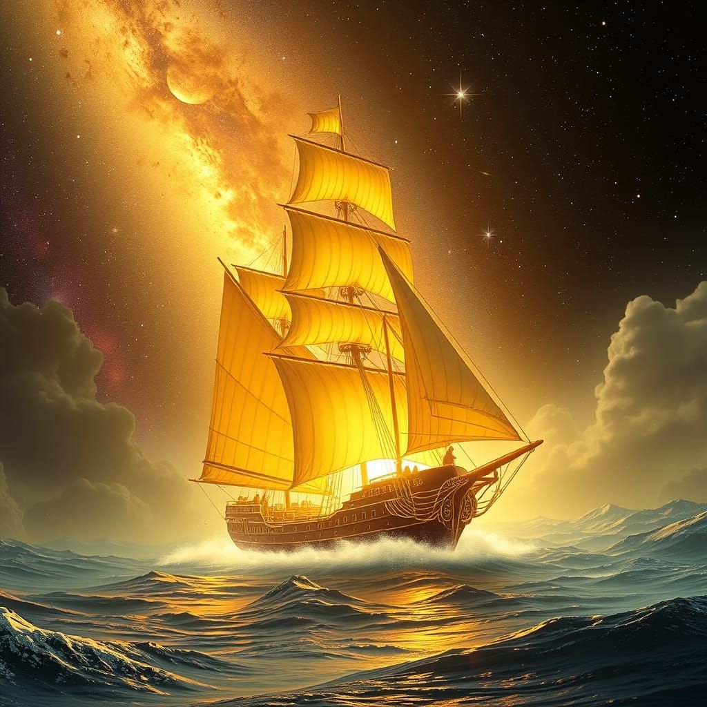 Golden Tall Ship Navigating Cyberpunk Dimension Portal