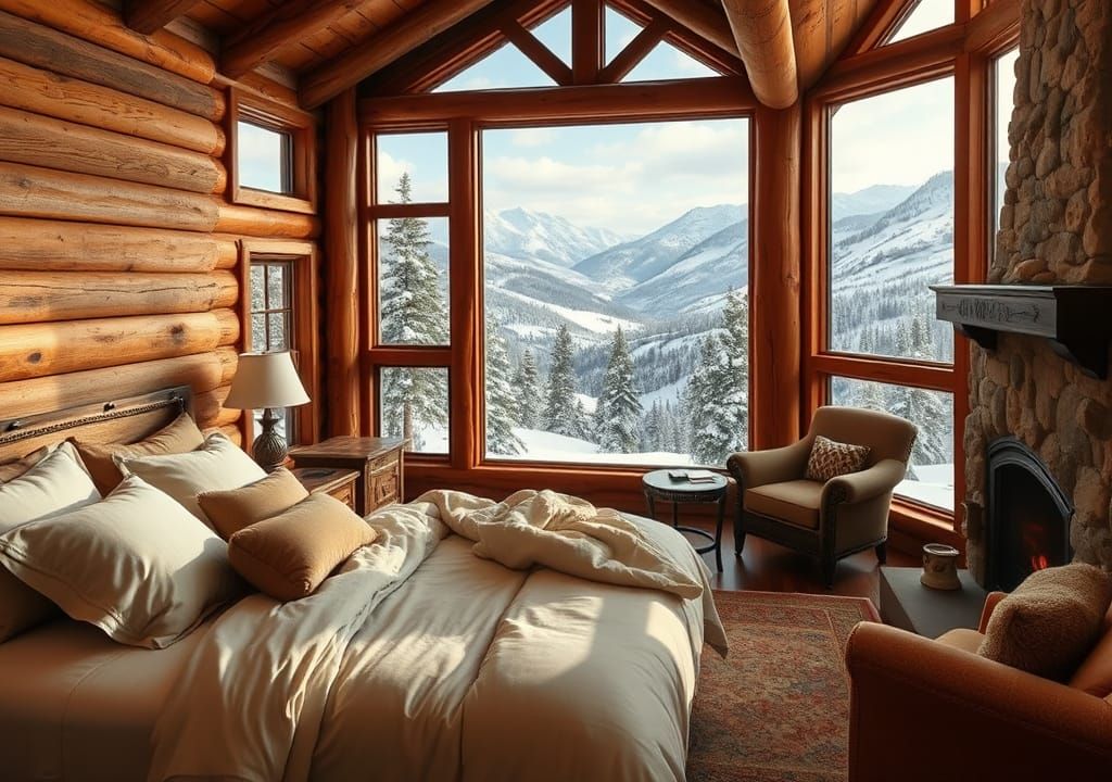 Inviting Mountain Cabin Interior with Snowy Mountain View