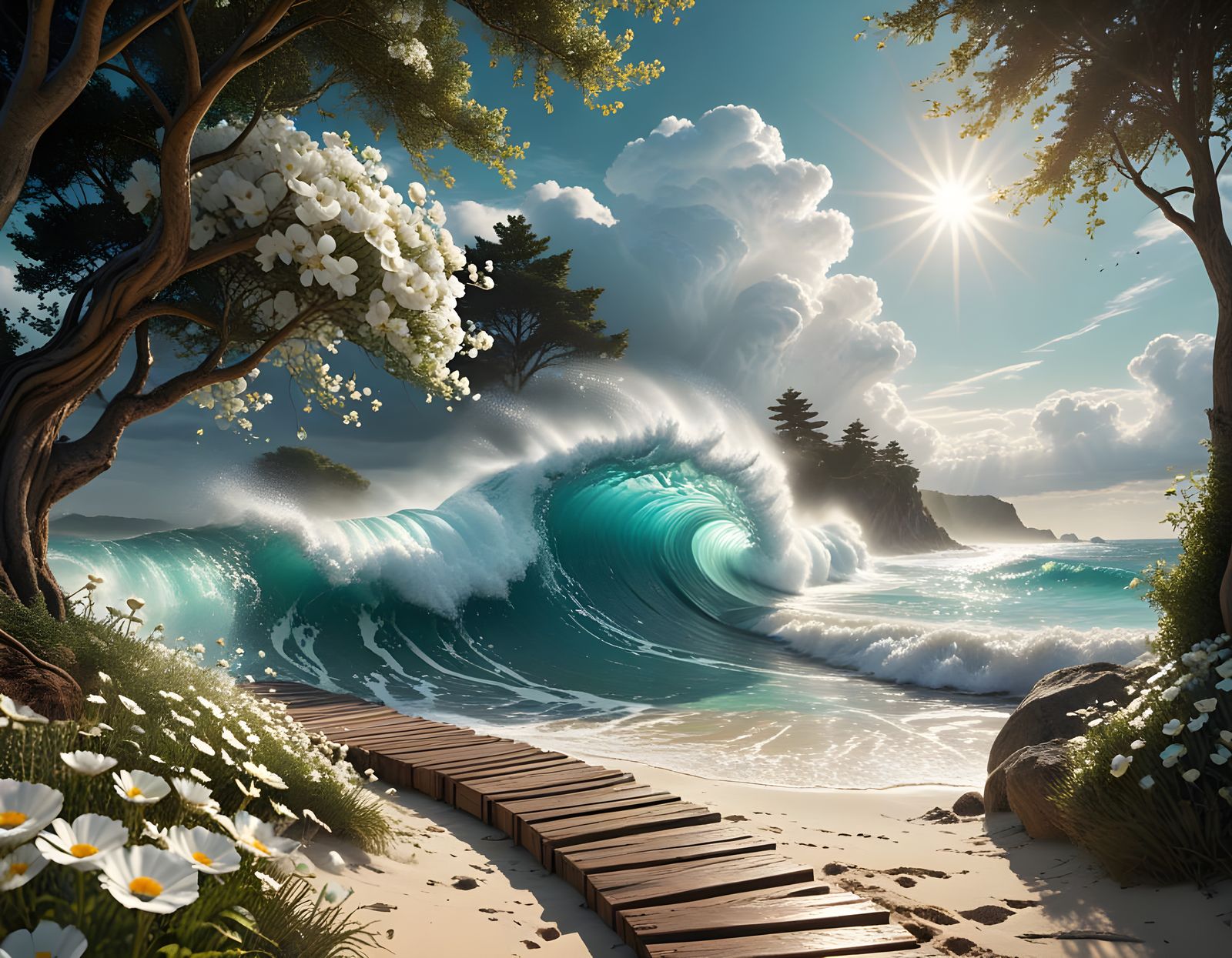 Surreal Beach Portal with Heavenly Sunshine