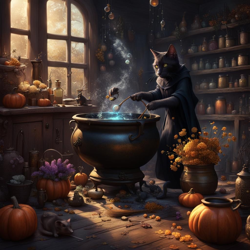 Witch's Potion with Black Cat, Detailed Matte Painting